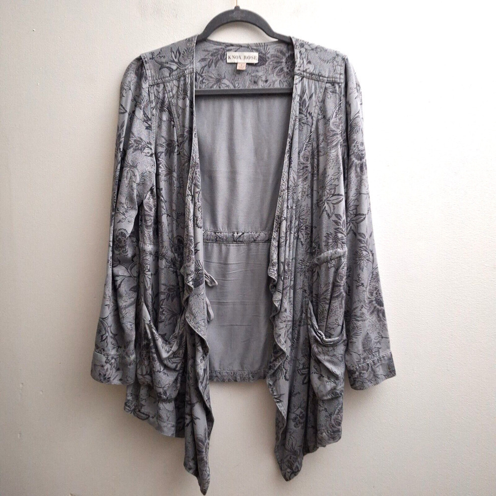 Knox Rose Cardigan Small Floral Gray Black Cover Topper Duster Lightweight Tie
